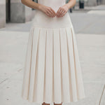 High-Neck Pleated Midi Dress With Sculpted Bodice