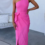 One Shoulder Sleeveless Knot Waist Wrapped Party Dress