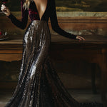 【24-hour shipping out】V-Neck Stylish Elegant Solid Color Velvet Sequined Long Maxi Dress