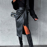Margovil Faux Leather Knit Waist Wrapped Midi Skirt