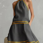 Elegant Color-Block Trim Orange Cotton-Linen Halter Sleeveless Mini Dress