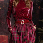Festive Retro Red Velvet Turtleneck Plaid Skirt Set