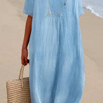 Margovil V Neck Short Sleeve Baggy Cotton Linen Midi Dress