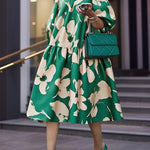 Half Sleeves Loose Flower Print High Neck Midi Dresses