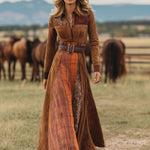 Western Retro Lace-Up Plaid Patchwork Caramel Faux Suede Maxi Dress