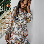 V-neck Long-sleeved Chiffon Print Dress