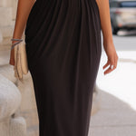 Draped Neckline Short-Sleeve Midi Dress