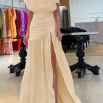 Midnight Chances One Shoulder Ruched Detail Slit Maxi Dress