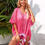 Hollow Out Beach Swimsuit Coverups Oversized Short Sleeve V Neck Loose Knit Bikini Cover Up