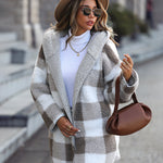 Hooded Loose Plaid Bubble Fleece Cardigan Jacket