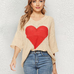 V Neck Crochet Sweater Off Shoulder 3/4 Sleeves Loose Knit Cute Heart Pullover Top