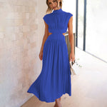 Stand Collar Solid Color Hollow Waist Long Dress