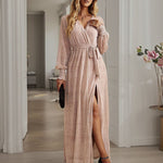 V-neck High Split Long Evening Dress with Belt