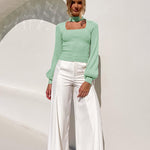 Lantern Sleeve Hollow Half Turtleneck Knit Sweater