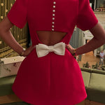 Sweet Moment Slit Short Sleeve Backless Removable Satin Bow Mini Dress