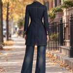 Vintage Chic Dark Rinse Contrast Stitch Double Breasted Longline Denim Blazer