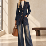 Vintage Chic Dark Rinse Contrast Stitch Double Breasted Longline Denim Blazer