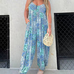 V Neck Street Daily Retro Printed Loose Fit Sleeveless Jumpsuits