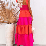 Sleeveless Elegance Suspender Dress with Splicing Wooden Ears Colorblock Maxi Dress