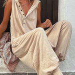 Hooded Loose Buttoned Solid Color V-neck Jumpsuits