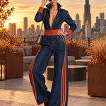 Retro Sporty Orange Stripe Plunge Zip Front Wide Leg Denim Jumpsuit