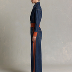 Retro Sporty Orange Stripe Plunge Zip Front Wide Leg Denim Jumpsuit