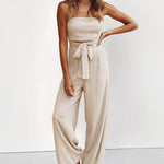 Solid Off Shoulder Bandeau Tube Tops Wide Leg Jumpsuit One Piece Cutout Tie Knot Romper Outfit