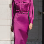 Magenta Satin Shirt Midi Dress With Belted Waist