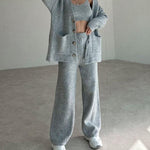 Elegant Three-pieces Knitwear Set Crop Vest Button Sweater Cardigant and Wide Leg Pant Outfits