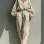 Women's Beige Linen V-neck Loose-fitting Top And Wide-leg Pants Set