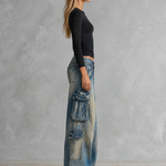 Vintage Grunge Dirty Wash Low Rise Baggy Cargo Wide Leg Jeans