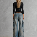 Vintage Grunge Dirty Wash Low Rise Baggy Cargo Wide Leg Jeans
