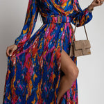 Fashion Print V Neck Long Sleeve Belt Belt Dress