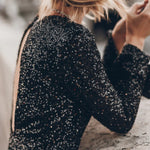 Flash Focus Sequin Extra Long Slit Sleeves Open Back Mini Dresss