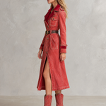 Vintage Western Red Velvet Collar Belted Button Front Denim Trench Coat