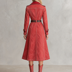Vintage Western Red Velvet Collar Belted Button Front Denim Trench Coat