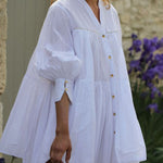 A-Line Long Sleeves Buttoned Pleated Solid Color V-Neck Mini Dresses Shirt Dress