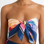 Seaside Holiday Satin Unique Print Knotted Scarf Top and Elastic Waist Loose Maxi Skirt Set
