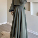 Three-Dimensional Floral Puff Sleeve Top + Long Swing Maxi Skirt Two-Piece Set