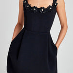 Cindy Faux Pearl Flower Applique Square Neck Pocketed Mini Dress