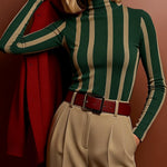 Long Sleeves Skinny Contrast Color Split-Joint Striped High Neck Blouses&Shirts Tops