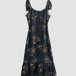 Vintage Floral Dress Frill Neck Sleeveless Strap Tie Ruffle Hem Beach Dress