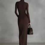 Women's Brown Stretch Fabric Chic Turtleneck Bodycon Slit Dress