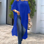 Women's Skew Neck Batwing Sleeve Tee Asymmetric Loose Cape Blouse Slit Elegant Top