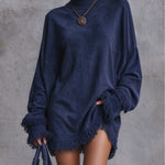 Navy Faux Suede Oversized Mini Dress With Fringe Trim
