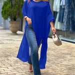 Women's Skew Neck Batwing Sleeve Tee Asymmetric Loose Cape Blouse Slit Elegant Top