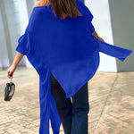 Women's Skew Neck Batwing Sleeve Tee Asymmetric Loose Cape Blouse Slit Elegant Top