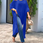 Women's Skew Neck Batwing Sleeve Tee Asymmetric Loose Cape Blouse Slit Elegant Top