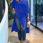 Women's Skew Neck Batwing Sleeve Tee Asymmetric Loose Cape Blouse Slit Elegant Top