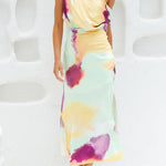 Asymmetric Shoulder Waisted Tie Dye Slit Maxi Dress